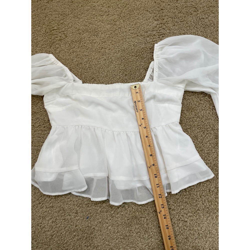 Y2K Abercrombie Fitch White Square Neck Smocked Peplum Sheer Sleeve Top Women - Picture 5 of 8